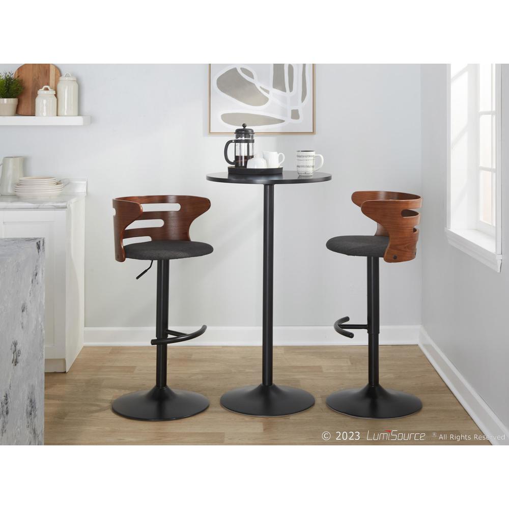 Black Metal, Walnut Wood, Charcoal Fabric Cosi Adjustable Barstool - Set of 2. Picture 10