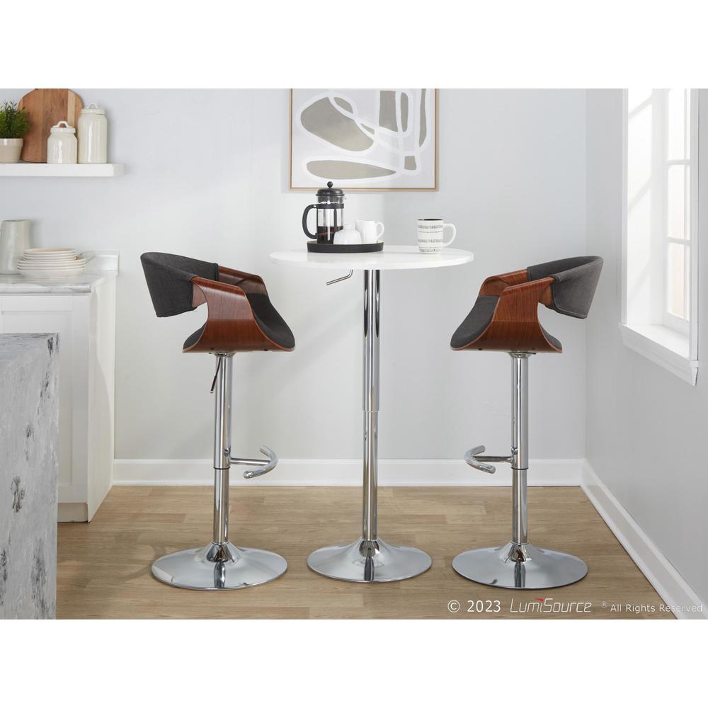 Walnut Wood, Charcoal Fabric, Chrome Metal Curvo Adjustable Barstool - Set of 2. Picture 9