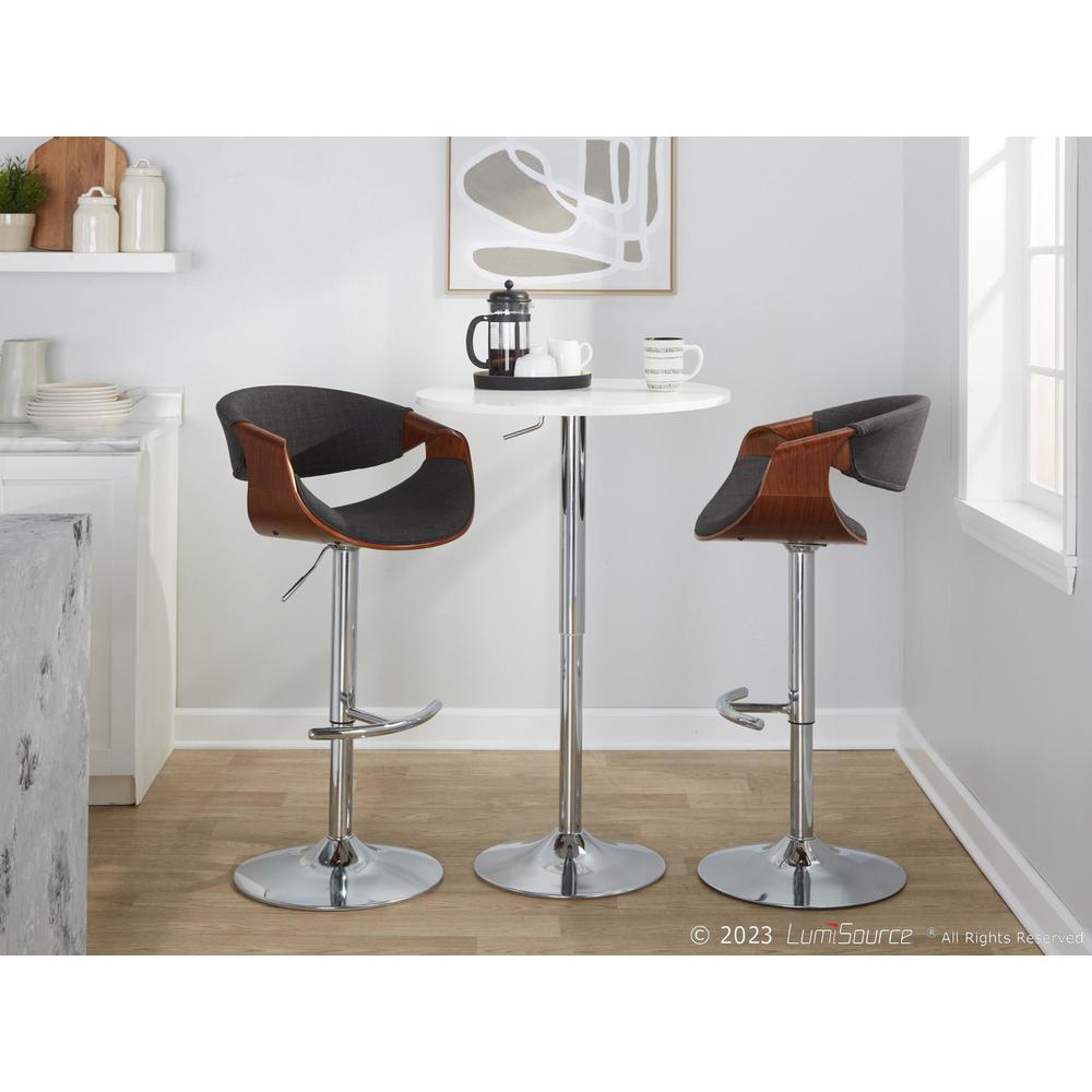 Walnut Wood, Charcoal Fabric, Chrome Metal Curvo Adjustable Barstool - Set of 2. Picture 10