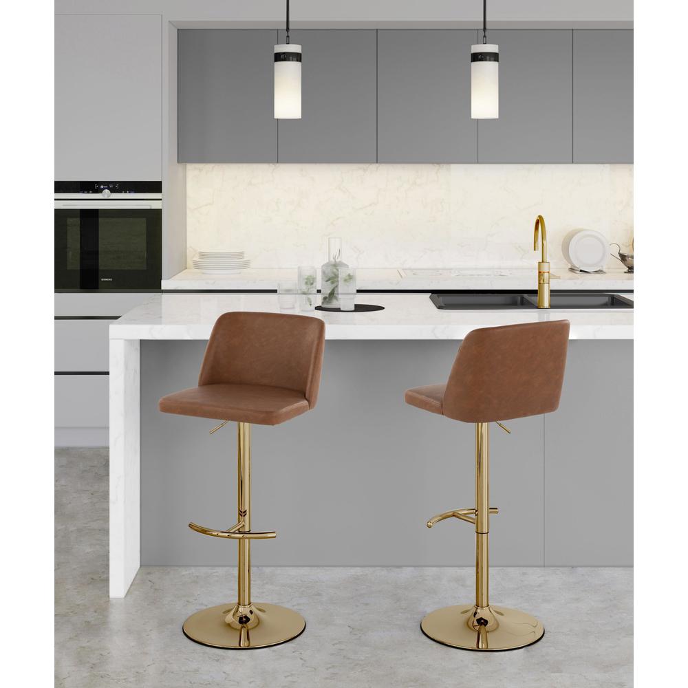 Camel PU, Gold Metal Toriano Adjustable Barstool - Set of 2. Picture 7