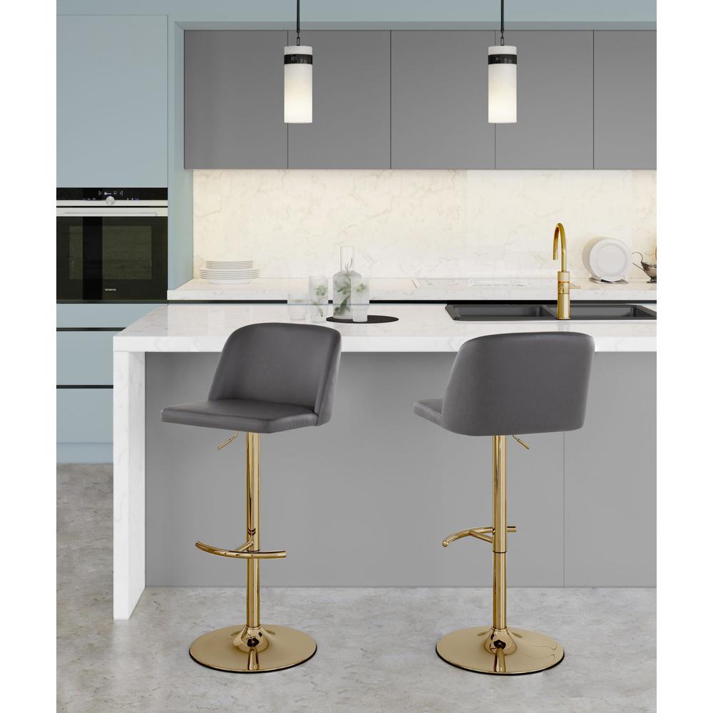 Grey PU, Gold Metal Toriano Adjustable Barstool - Set of 2. Picture 7