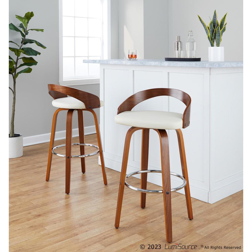 Walnut Wood, Chrome Metal, Cream PU Grotto 30" Fixed-Height Barstool - Set of 2. Picture 7