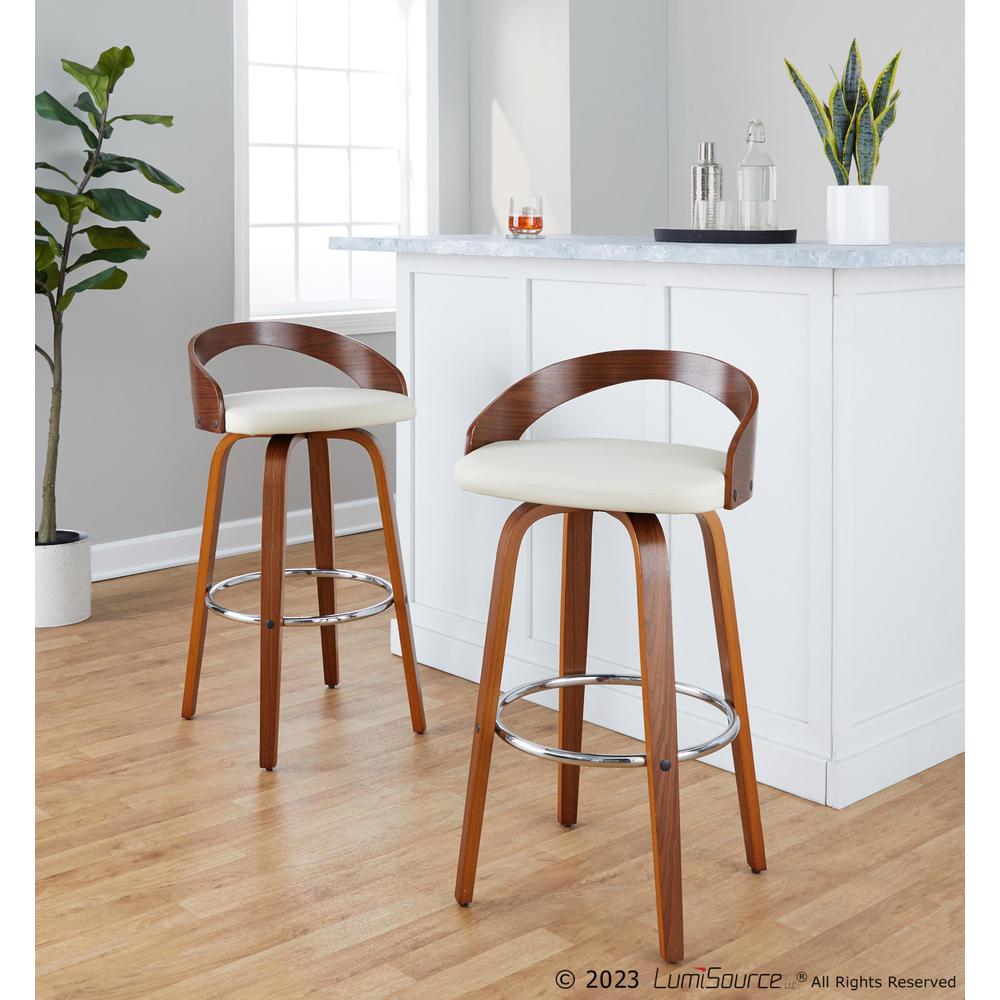 Walnut Wood, Chrome Metal, Cream PU Grotto 30" Fixed-Height Barstool - Set of 2. Picture 8