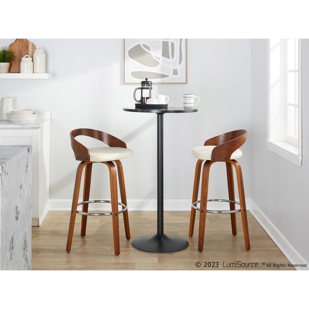 Walnut Wood, Chrome Metal, Cream PU Grotto 30" Fixed-Height Barstool - Set of 2. Picture 9
