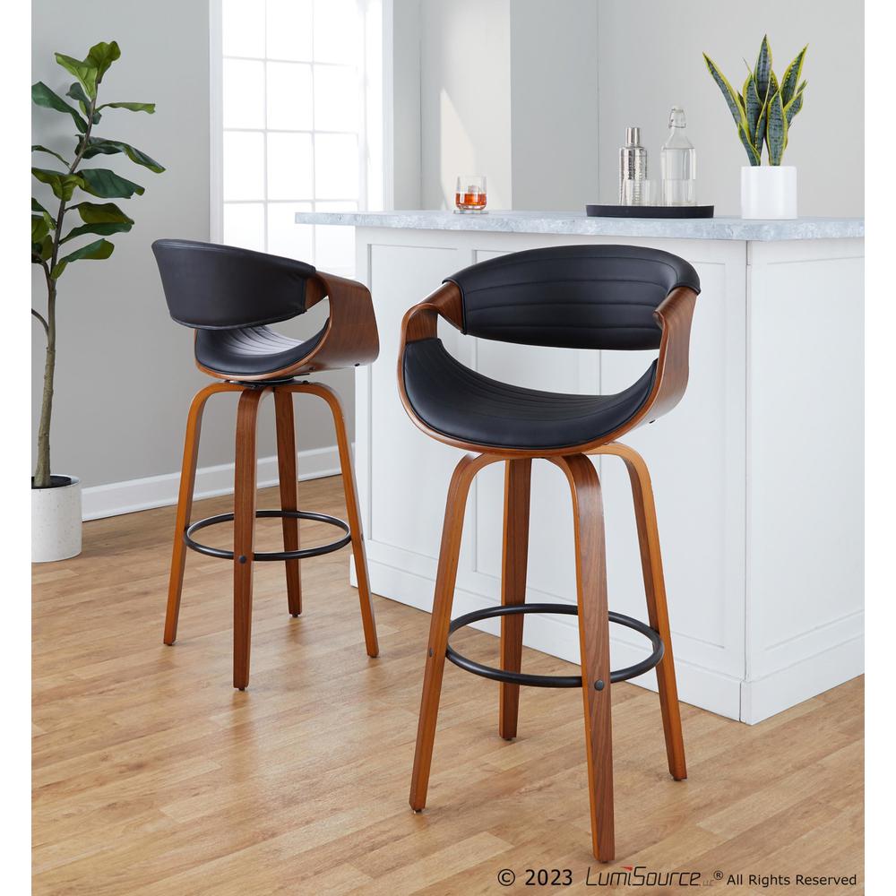 Black Metal, Walnut Wood, Black PU Symphony 30" Fixed-Height Barstool - Set of 2. Picture 8
