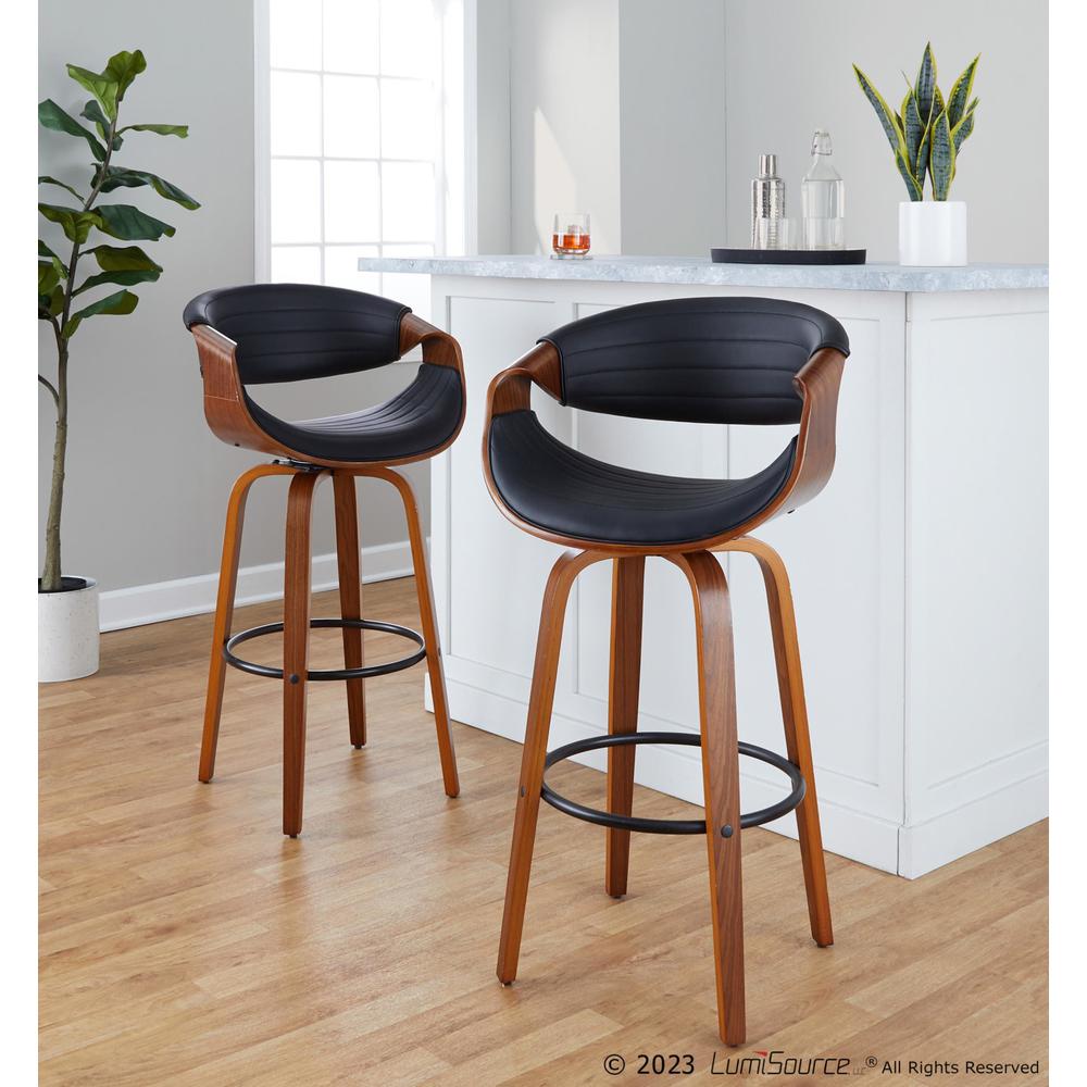 Black Metal, Walnut Wood, Black PU Symphony 30" Fixed-Height Barstool - Set of 2. Picture 9
