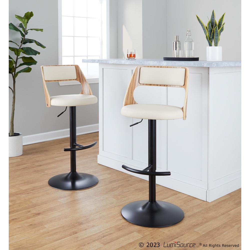 Black Metal, Zebra Wood, Cream PU Cecina Adjustable Barstool - Set of 2. Picture 7