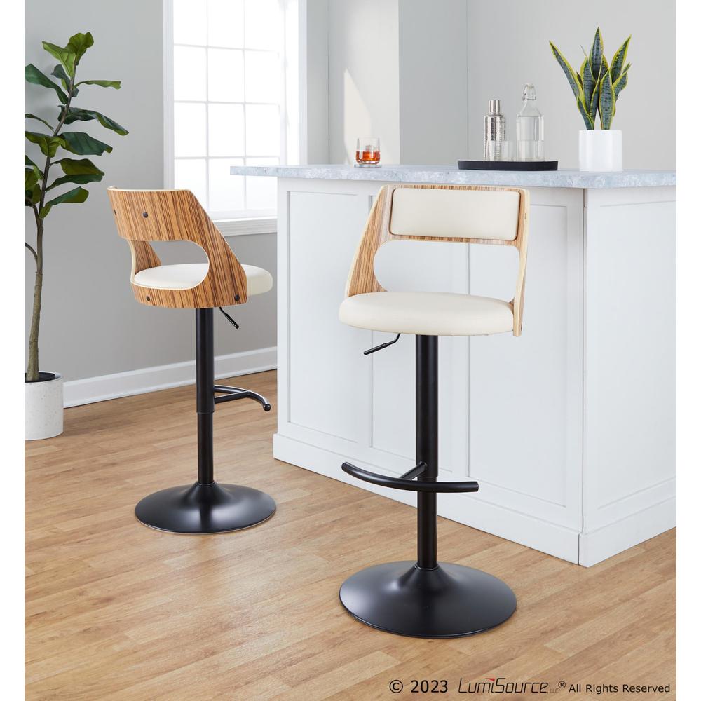 Black Metal, Zebra Wood, Cream PU Cecina Adjustable Barstool - Set of 2. Picture 8