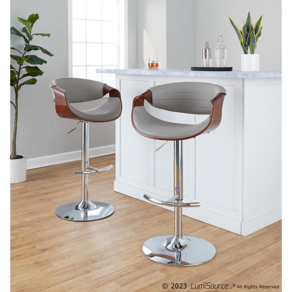 Chrome Metal, Walnut Wood, Grey PU Symphony Adjustable Barstool - Set of 2. Picture 7