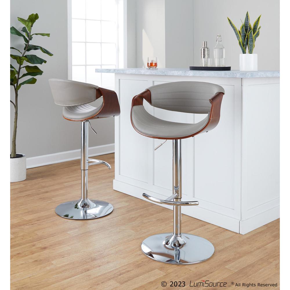 Chrome Metal, Walnut Wood, Grey PU Symphony Adjustable Barstool - Set of 2. Picture 8