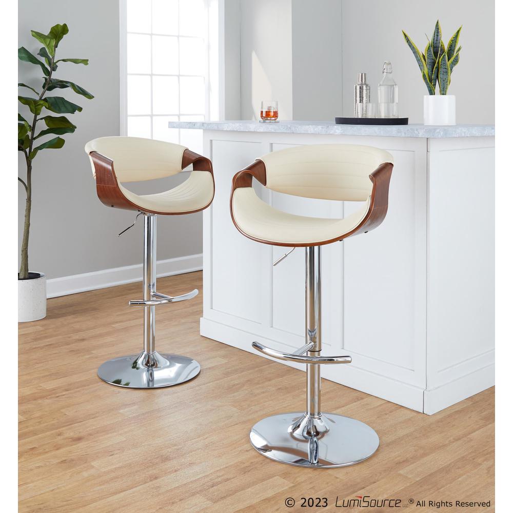 Chrome Metal, Walnut Wood, Cream PU Symphony Adjustable Barstool - Set of 2. Picture 7