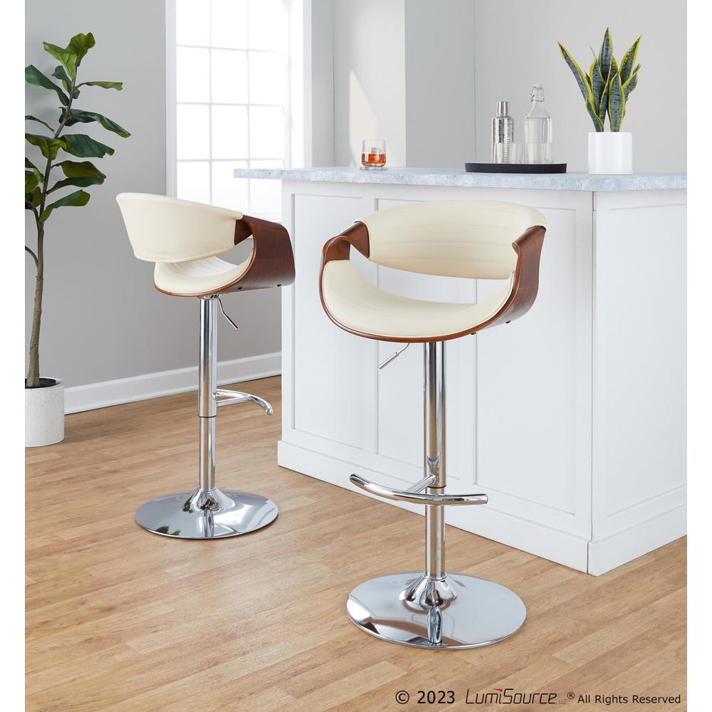 Chrome Metal, Walnut Wood, Cream PU Symphony Adjustable Barstool - Set of 2. Picture 8