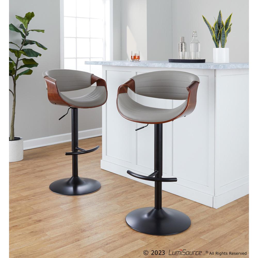 Black Metal, Walnut Wood, Grey PU Symphony Adjustable Barstool - Set of 2. Picture 8