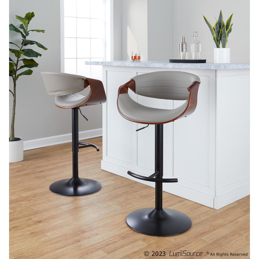 Black Metal, Walnut Wood, Grey PU Symphony Adjustable Barstool - Set of 2. Picture 9