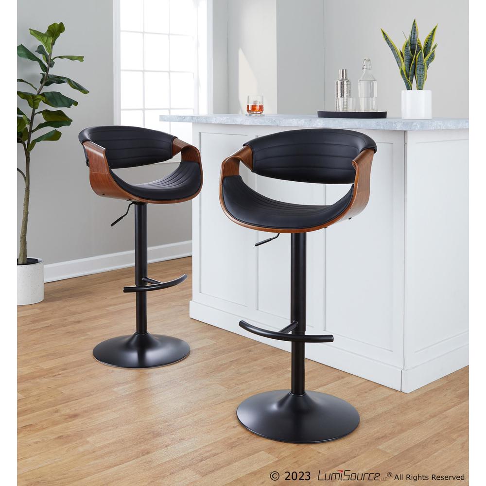 Black Metal, Walnut Wood, Black PU Symphony Adjustable Barstool - Set of 2. Picture 8