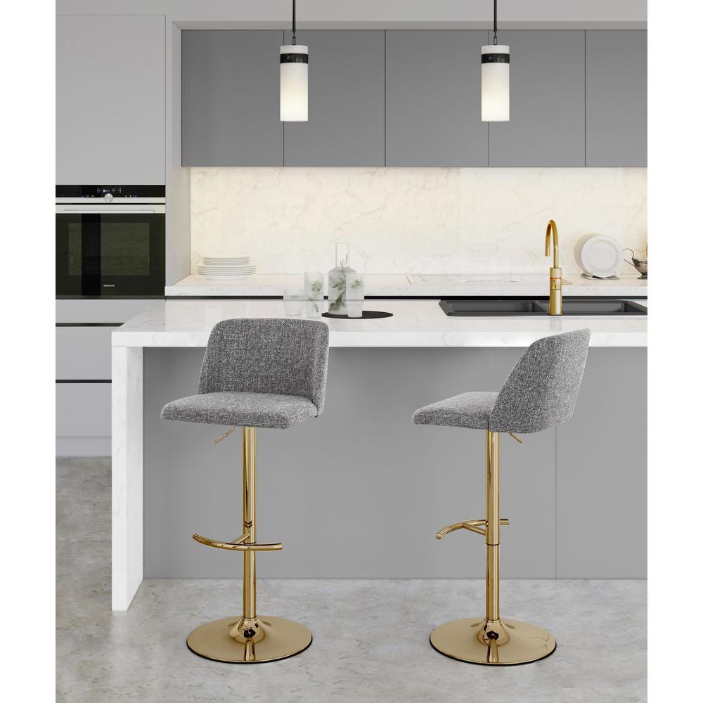 Grey Noise Fabric, Gold Metal Toriano Adjustable Barstool - Set of 2. Picture 7