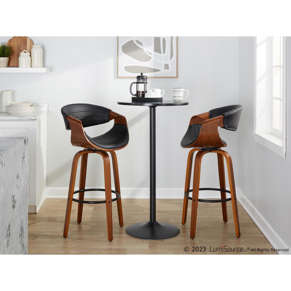 Black Metal, Walnut Wood, Black PU Symphony 30" Fixed-Height Barstool - Set of 2. Picture 7