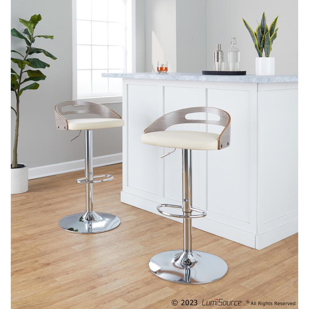 Chrome Metal, Light Grey Wood, Cream PU Cassis Adjustable Barstool - Set of 2. Picture 7