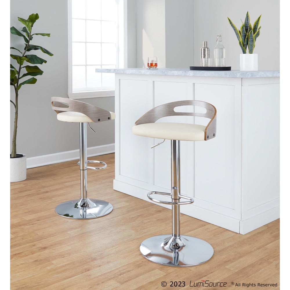Chrome Metal, Light Grey Wood, Cream PU Cassis Adjustable Barstool - Set of 2. Picture 8