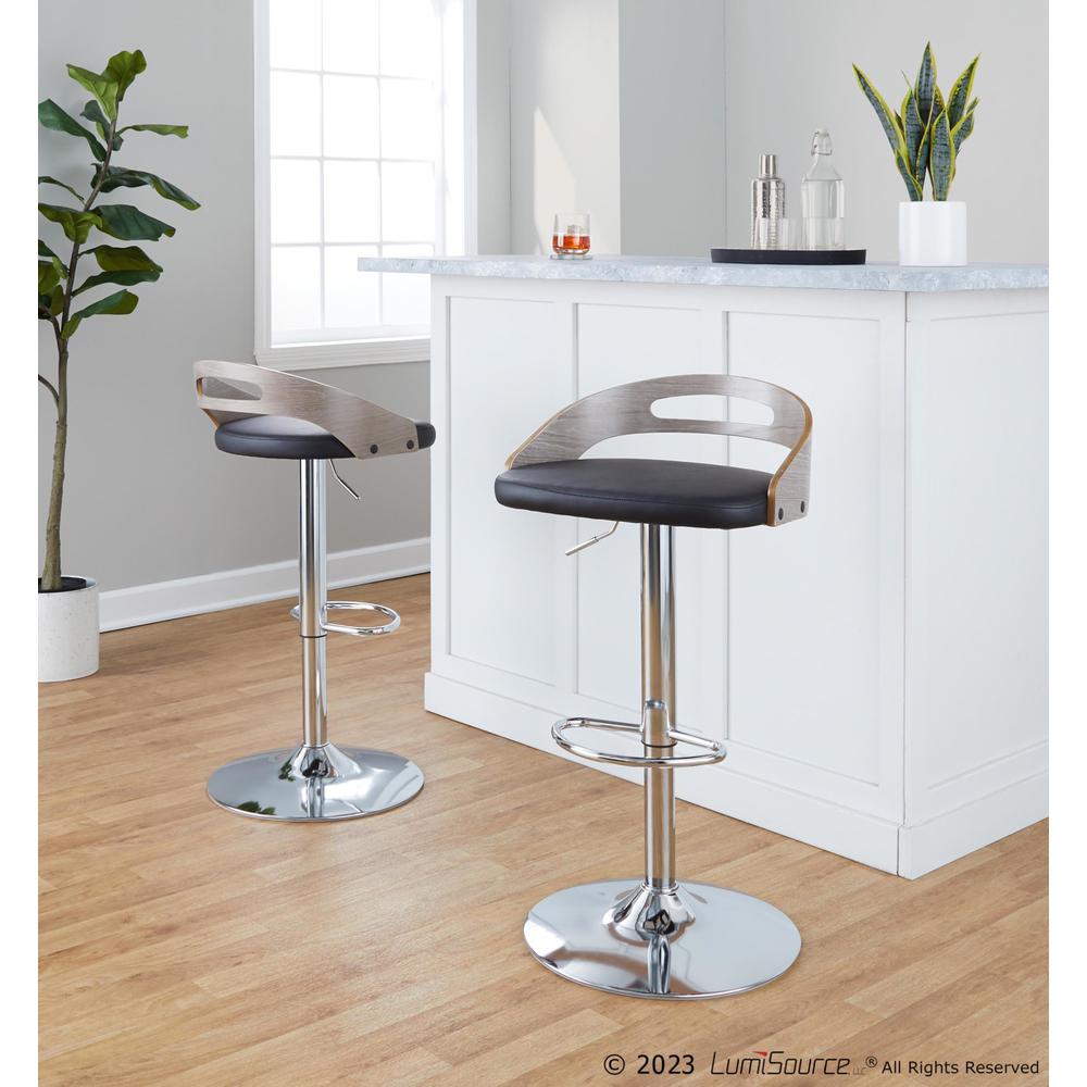 Chrome Metal, Light Grey Wood, Black PU Cassis Adjustable Barstool - Set of 2. Picture 8