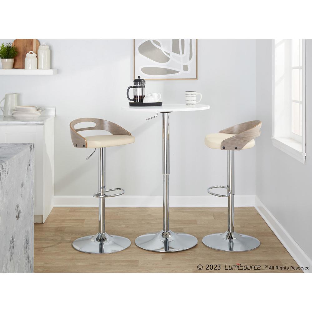 Chrome Metal, Light Grey Wood, Cream PU Cassis Adjustable Barstool - Set of 2. Picture 9