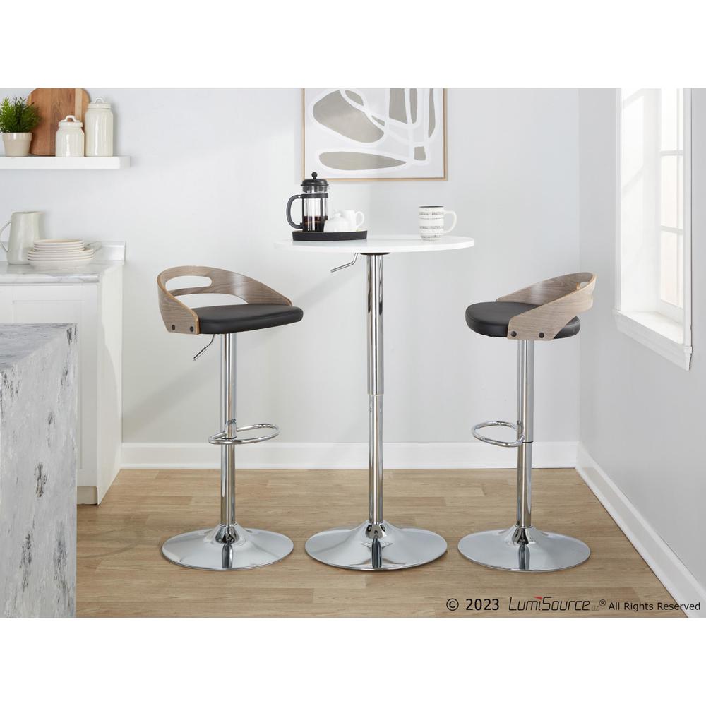 Chrome Metal, Light Grey Wood, Black PU Cassis Adjustable Barstool - Set of 2. Picture 9
