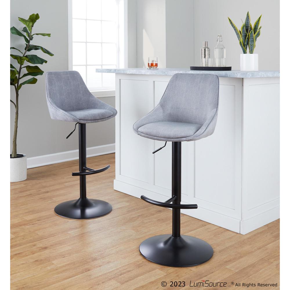 Grey Corduroy, Black Metal Diana Adjustable Barstool - Set of 2. Picture 8