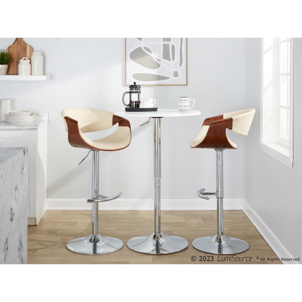 Chrome Metal, Walnut Wood, Cream PU Symphony Adjustable Barstool - Set of 2. Picture 9