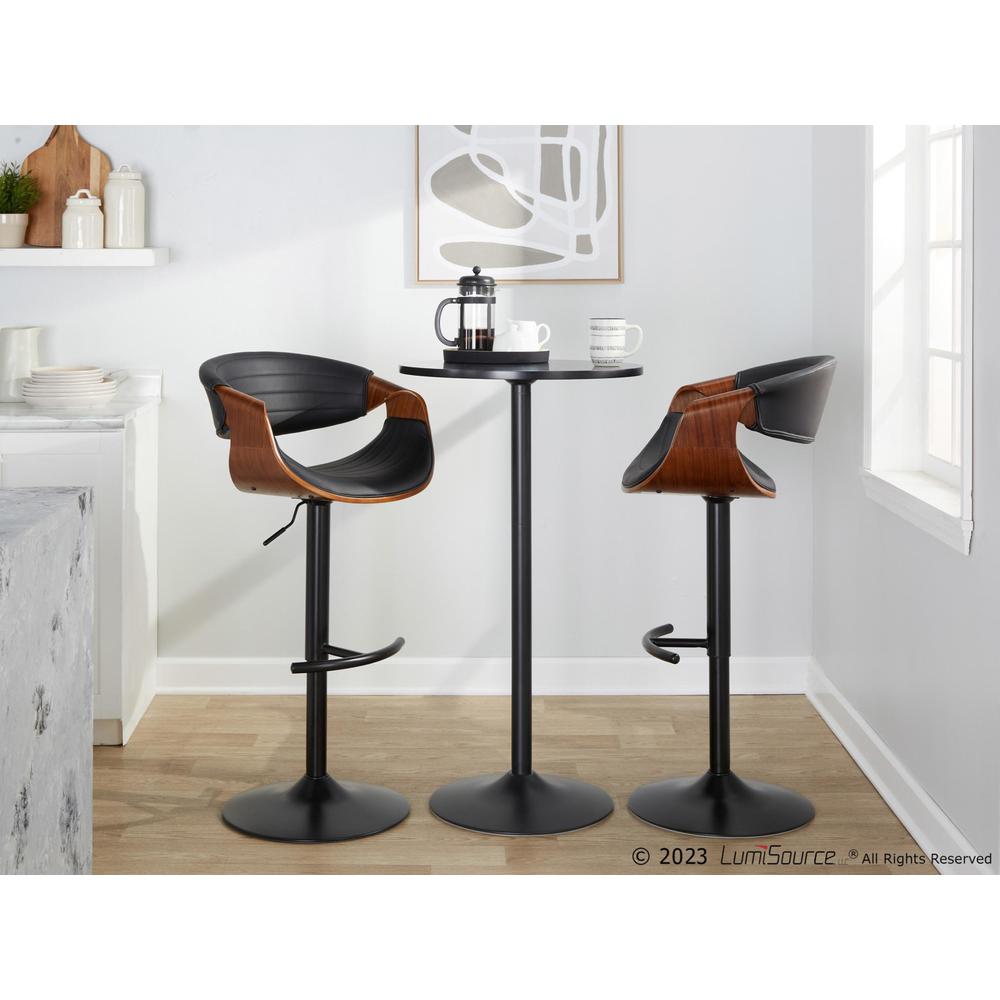 Black Metal, Walnut Wood, Black PU Symphony Adjustable Barstool - Set of 2. Picture 7