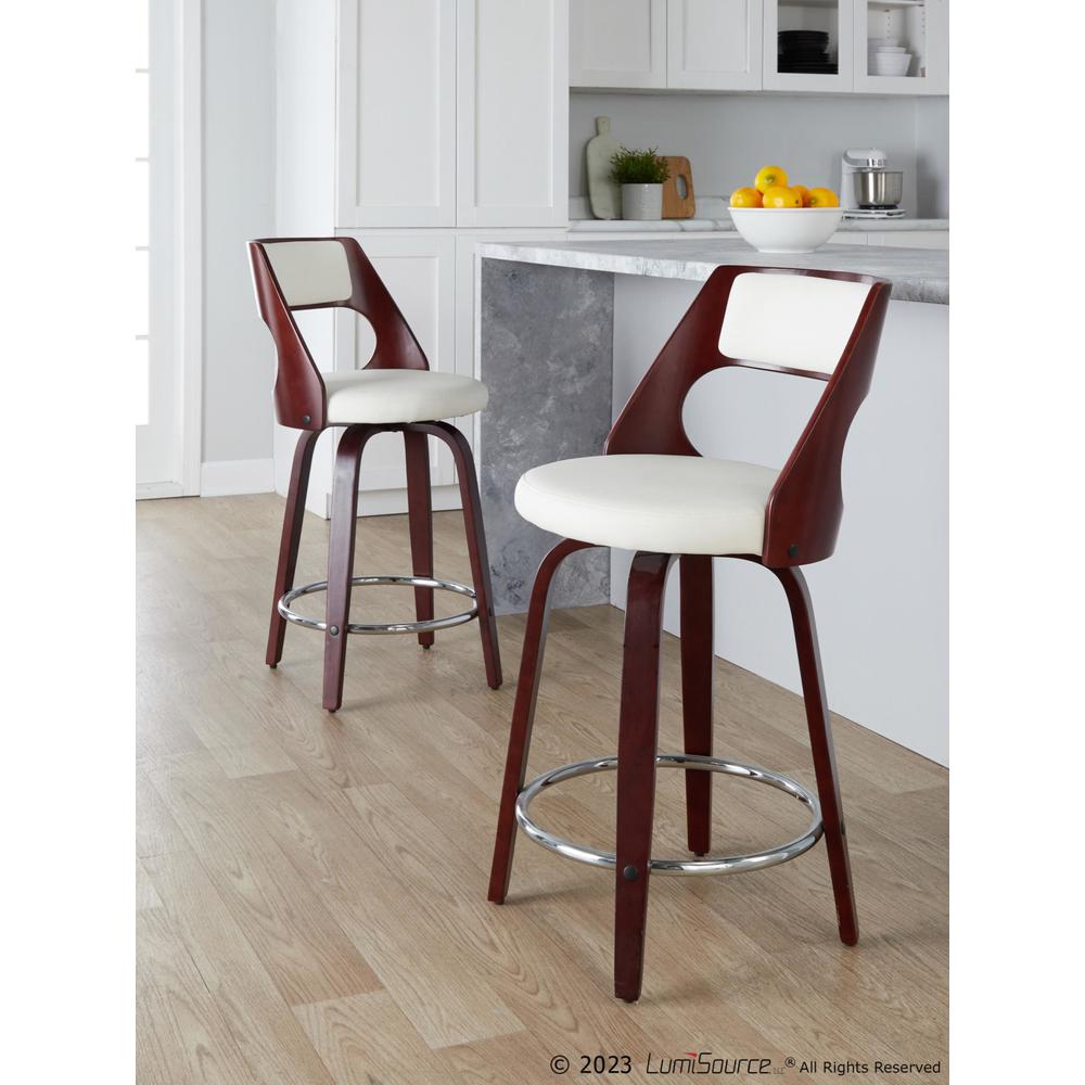 Cherry Wood, White PU, Chrome Metal Pino 24" Fixed-Height Barstool - Set of 2. Picture 7