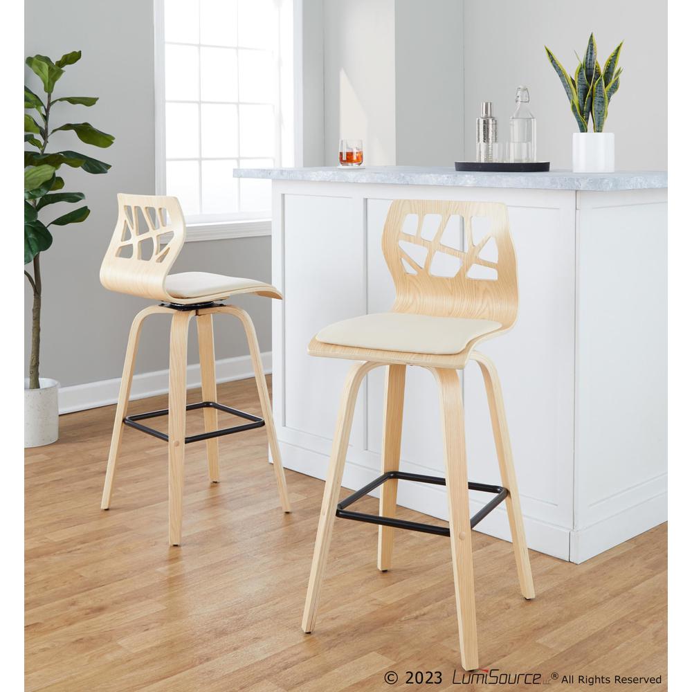 Black Metal, Natural Wood, Cream PU Folia 30" Fixed-Height Barstool - Set of 2. Picture 10