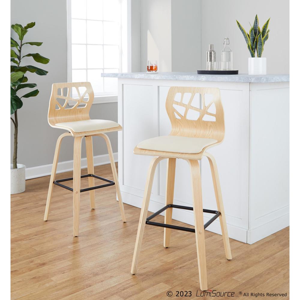 Black Metal, Natural Wood, Cream PU Folia 30" Fixed-Height Barstool - Set of 2. Picture 11