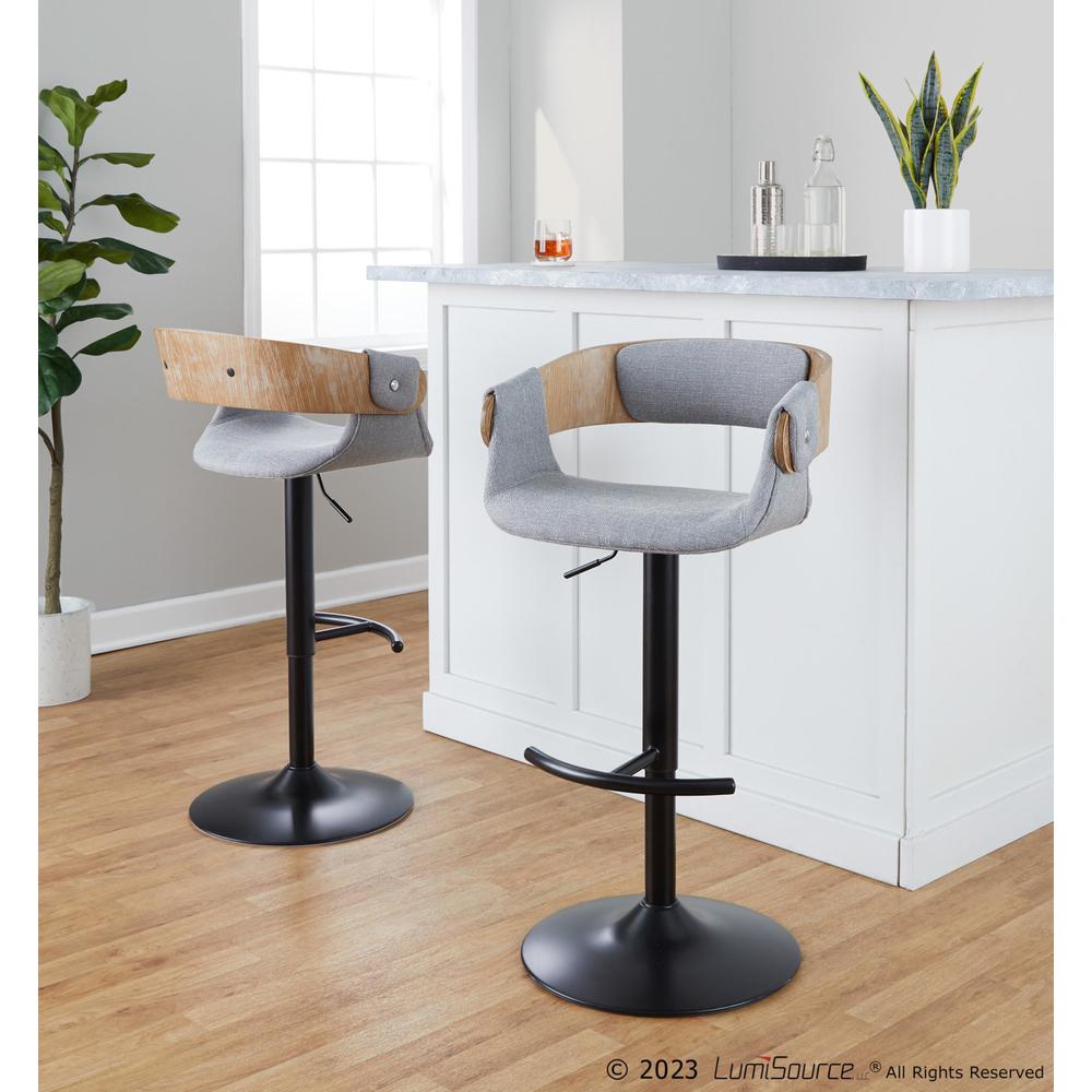 Black Metal, Whitewashed Wood, Grey Fabric Elisa Adjustable Barstool - Set of 2. Picture 7
