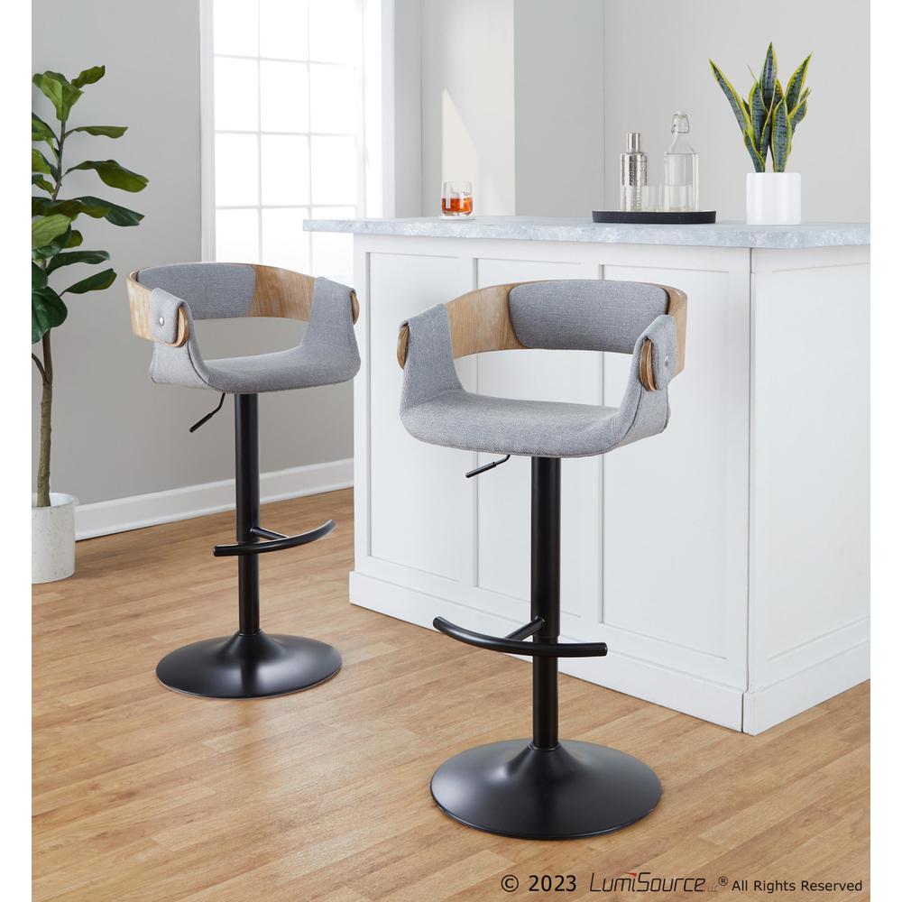 Black Metal, Whitewashed Wood, Grey Fabric Elisa Adjustable Barstool - Set of 2. Picture 8