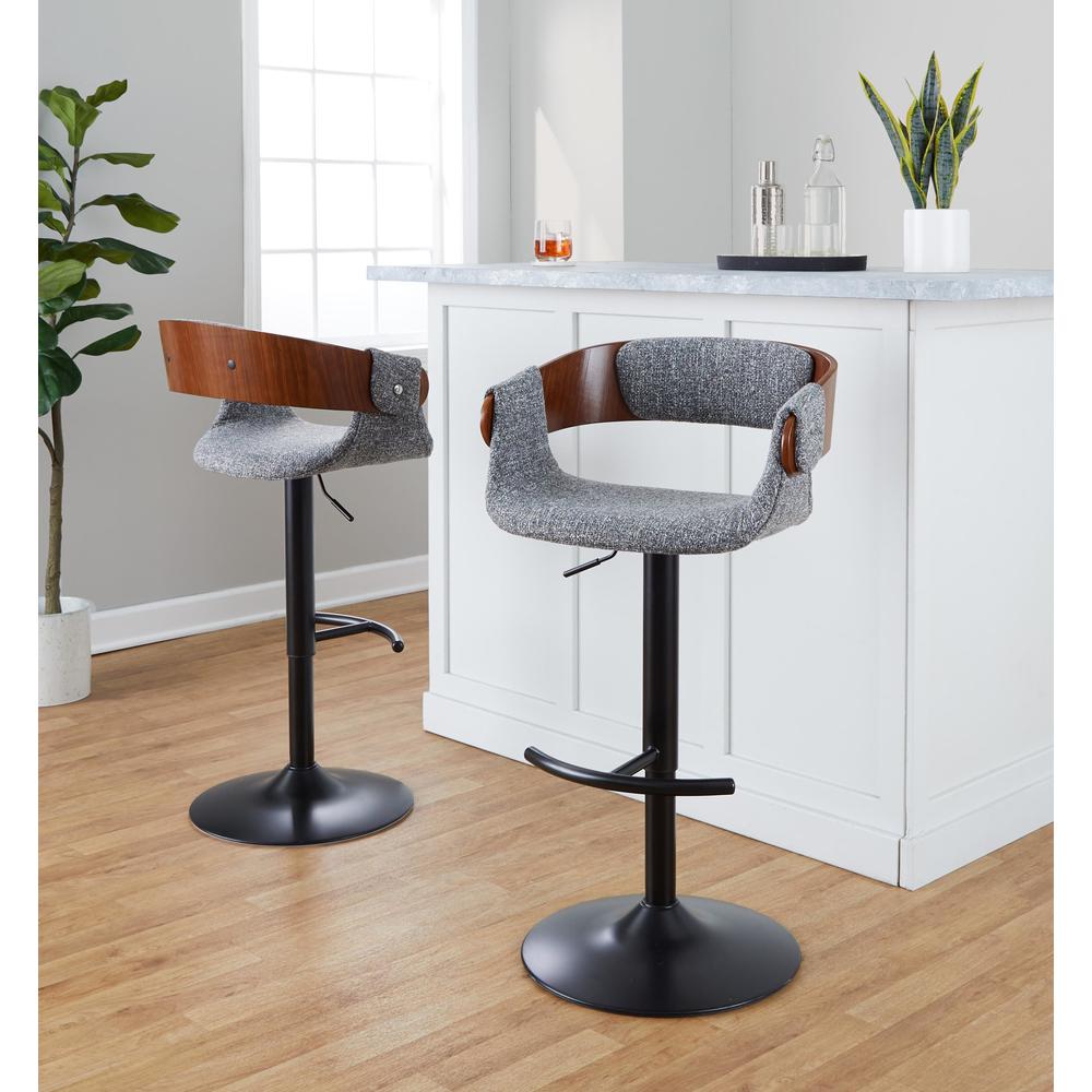 Black Metal, Walnut Wood, Grey Fabric Elisa Adjustable Barstool - Set of 2. Picture 7