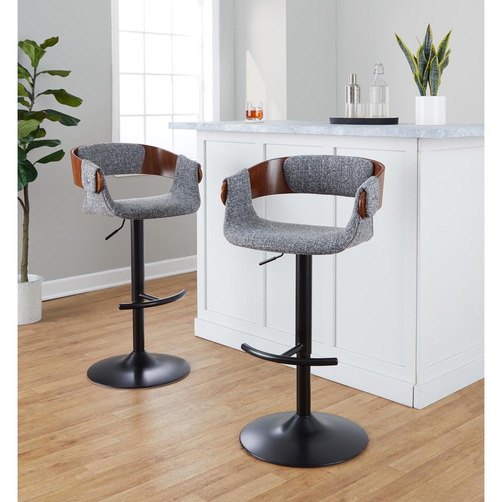 Black Metal, Walnut Wood, Grey Fabric Elisa Adjustable Barstool - Set of 2. Picture 8