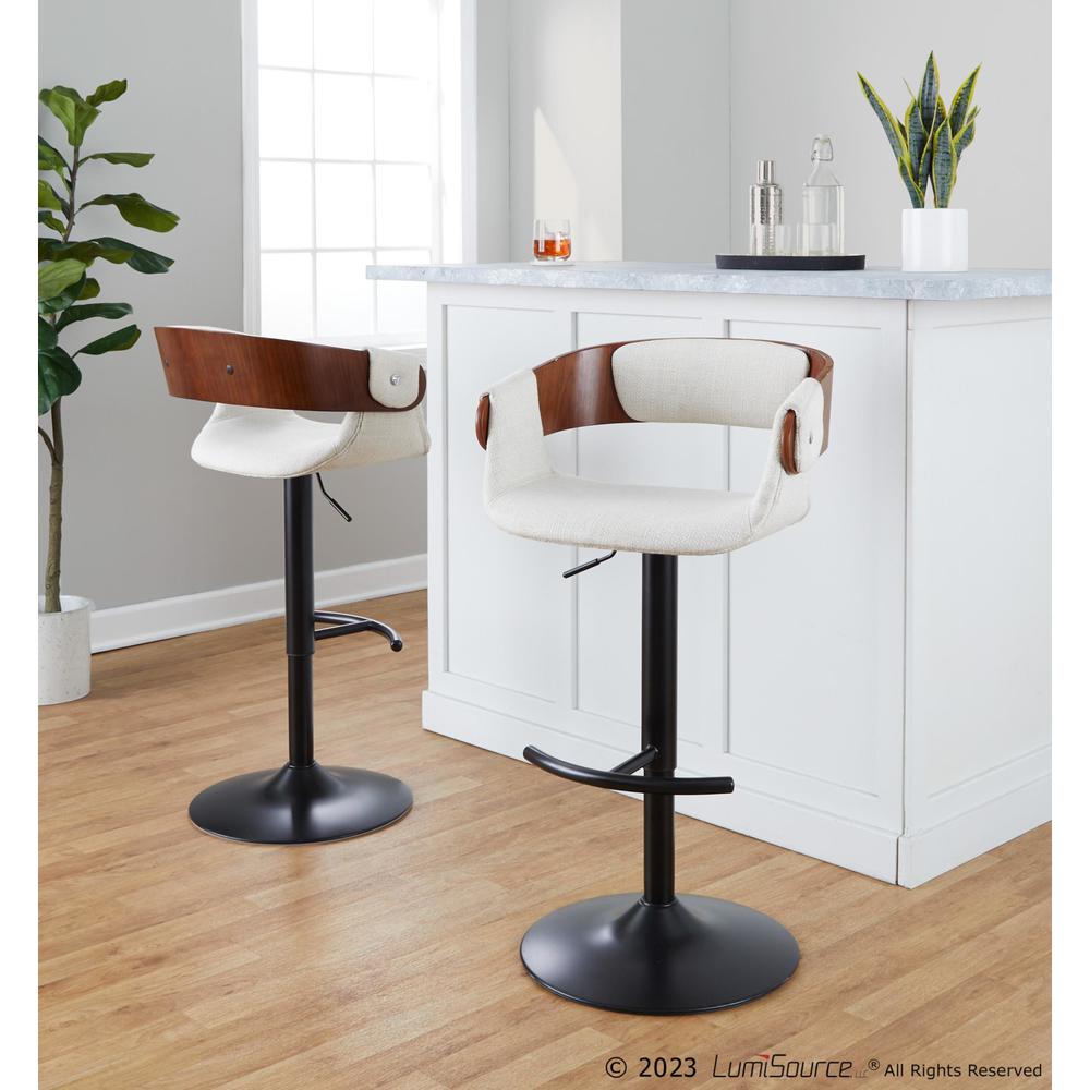 Black Metal, Walnut Wood, Cream Fabric Elisa Adjustable Barstool - Set of 2. Picture 7