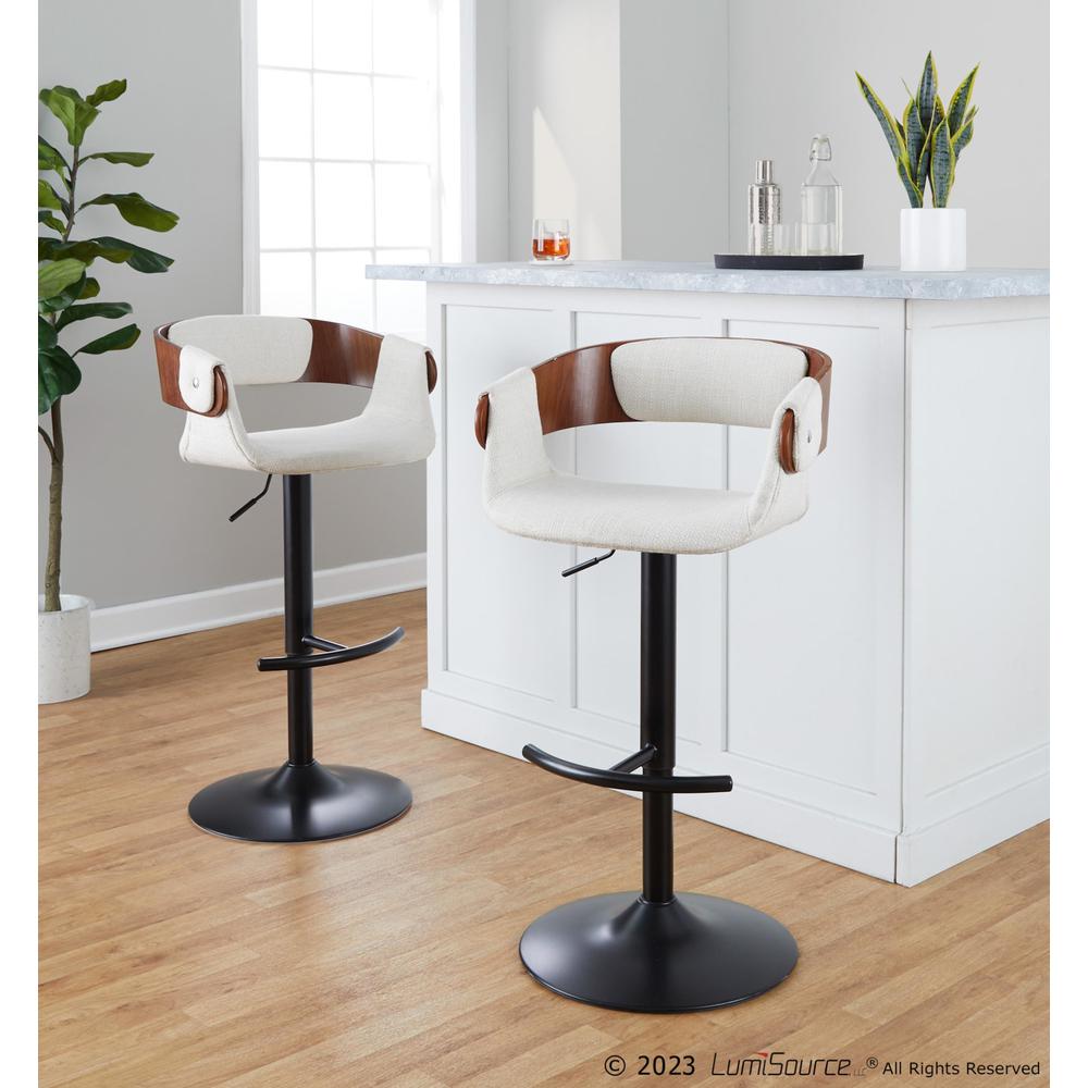 Black Metal, Walnut Wood, Cream Fabric Elisa Adjustable Barstool - Set of 2. Picture 8