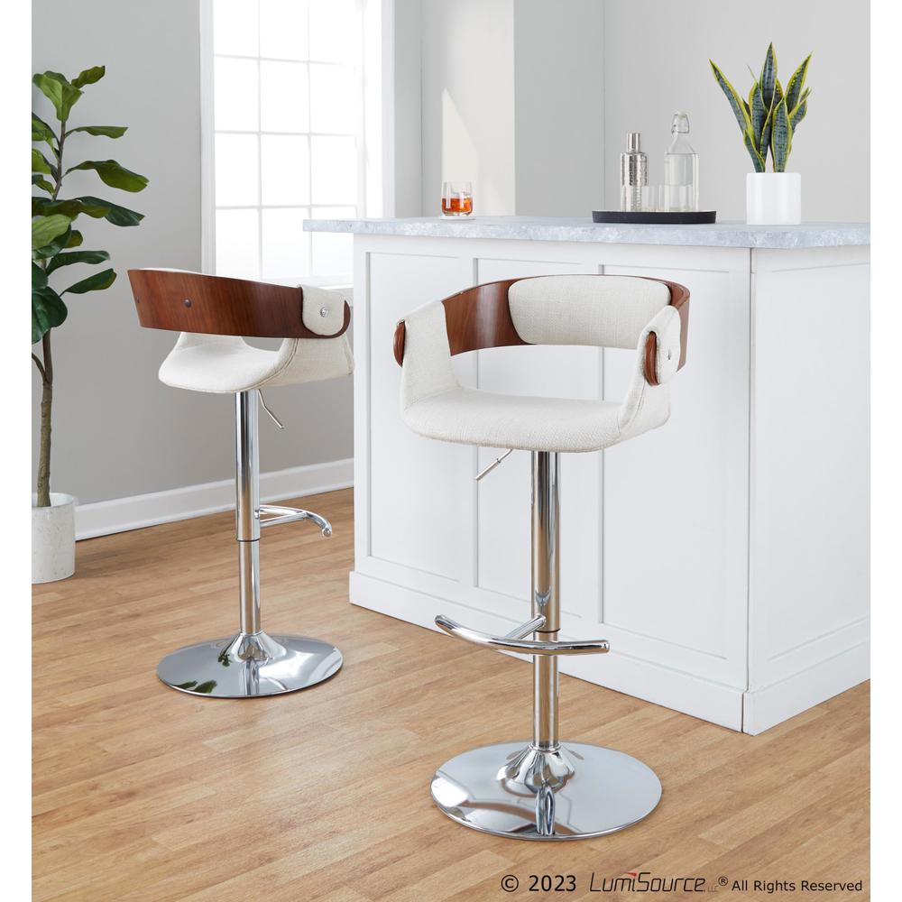 Chrome Metal, Walnut Wood, Cream Fabric Elisa Adjustable Barstool - Set of 2. Picture 7