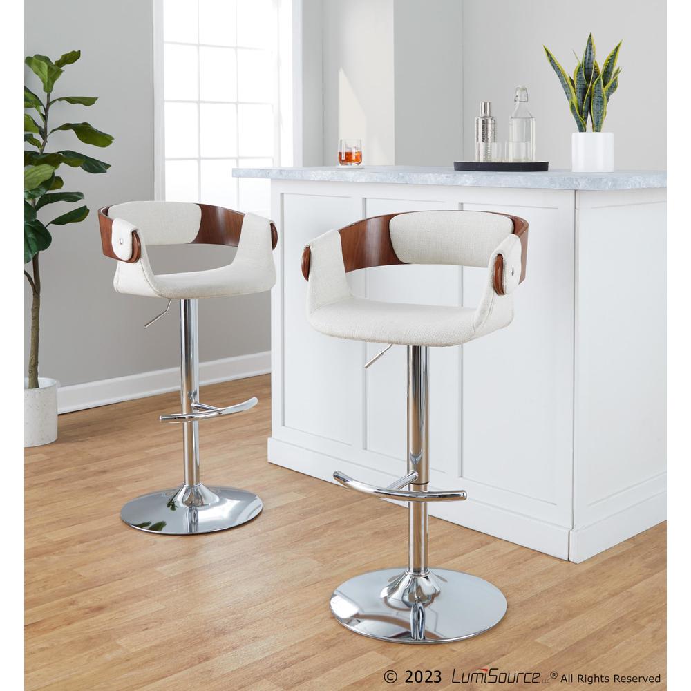 Chrome Metal, Walnut Wood, Cream Fabric Elisa Adjustable Barstool - Set of 2. Picture 8