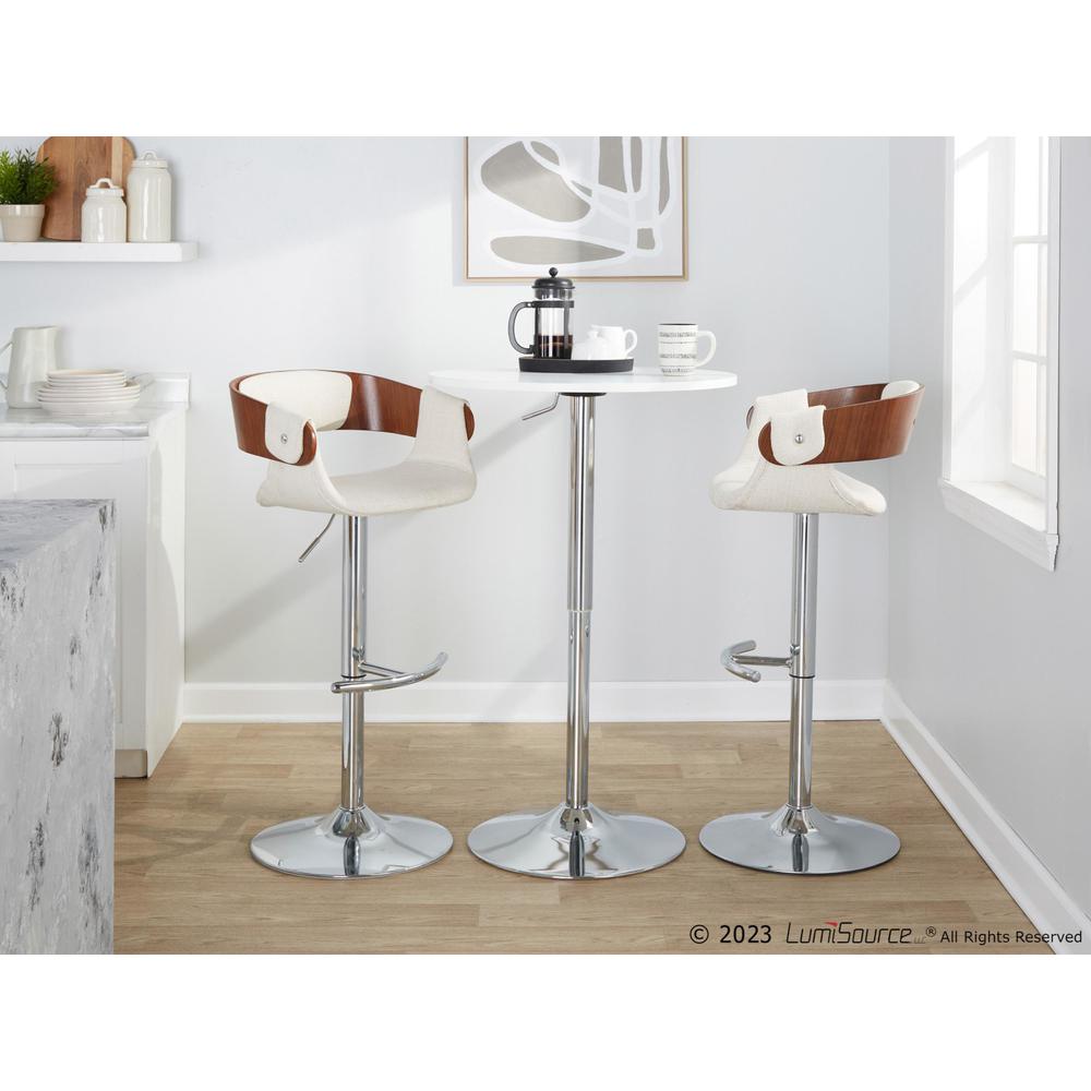 Chrome Metal, Walnut Wood, Cream Fabric Elisa Adjustable Barstool - Set of 2. Picture 9
