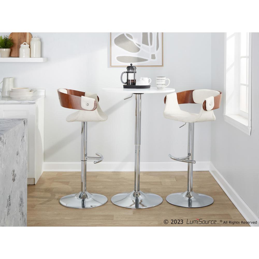 Chrome Metal, Walnut Wood, Cream Fabric Elisa Adjustable Barstool - Set of 2. Picture 10