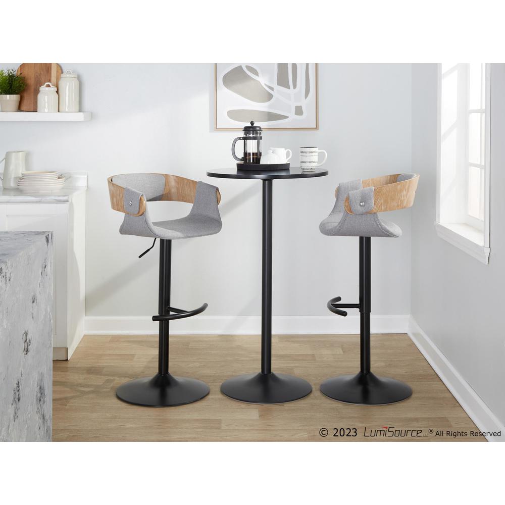Black Metal, Whitewashed Wood, Grey Fabric Elisa Adjustable Barstool - Set of 2. Picture 10