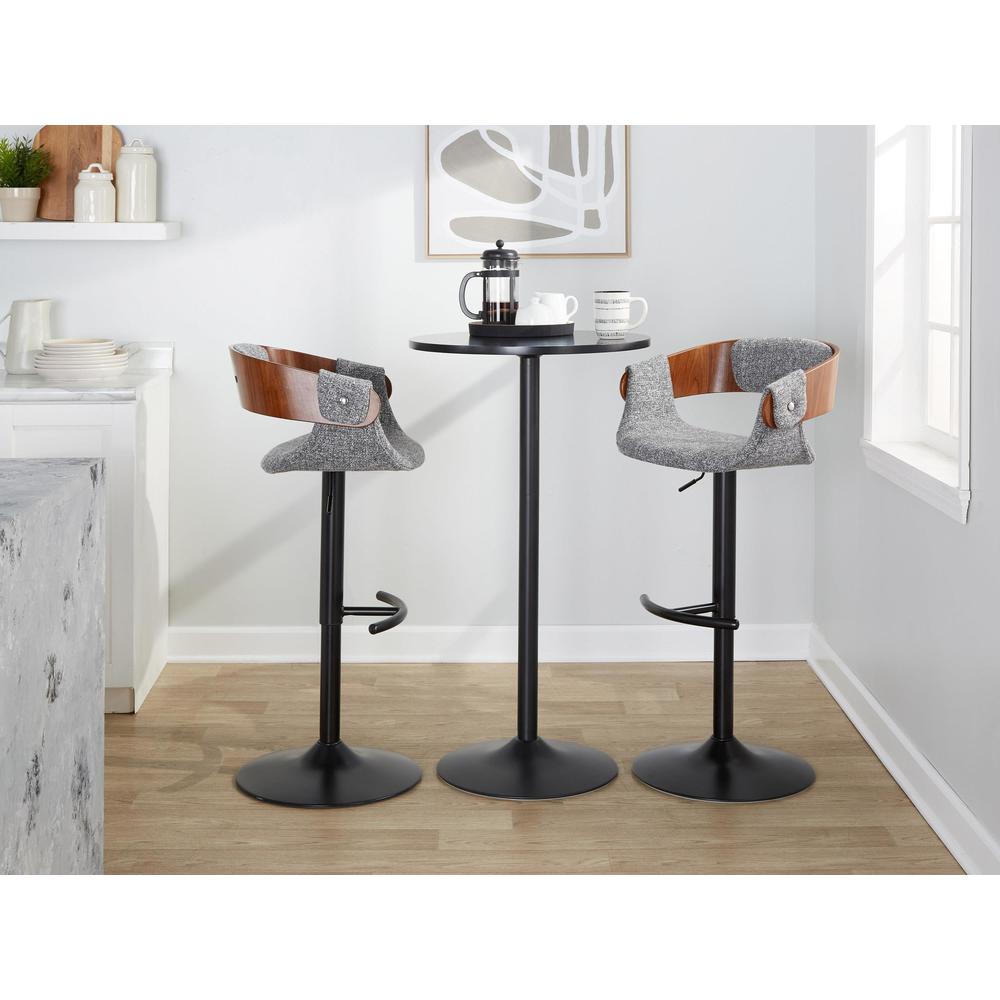 Black Metal, Walnut Wood, Grey Fabric Elisa Adjustable Barstool - Set of 2. Picture 9