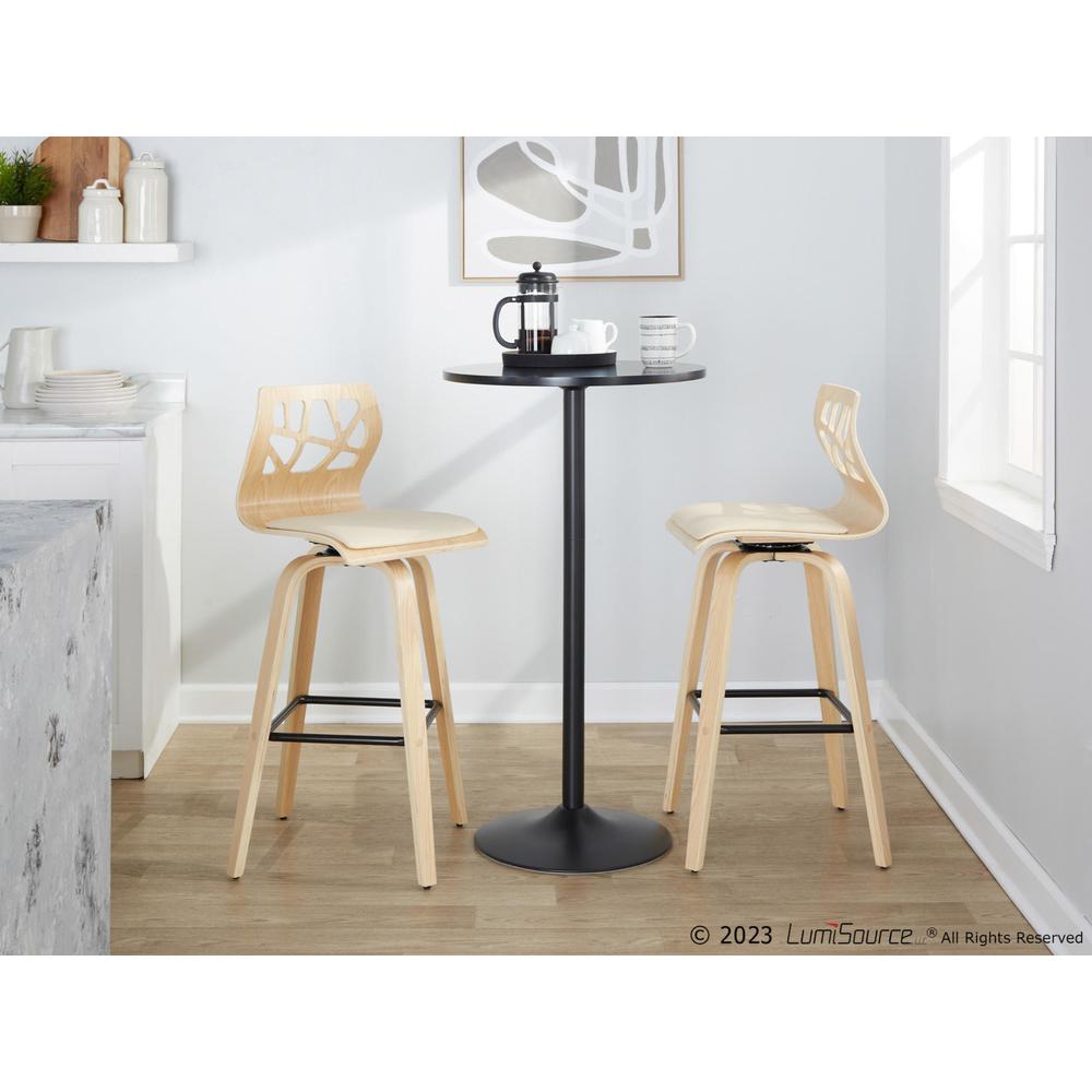 Black Metal, Natural Wood, Cream PU Folia 30" Fixed-Height Barstool - Set of 2. Picture 8