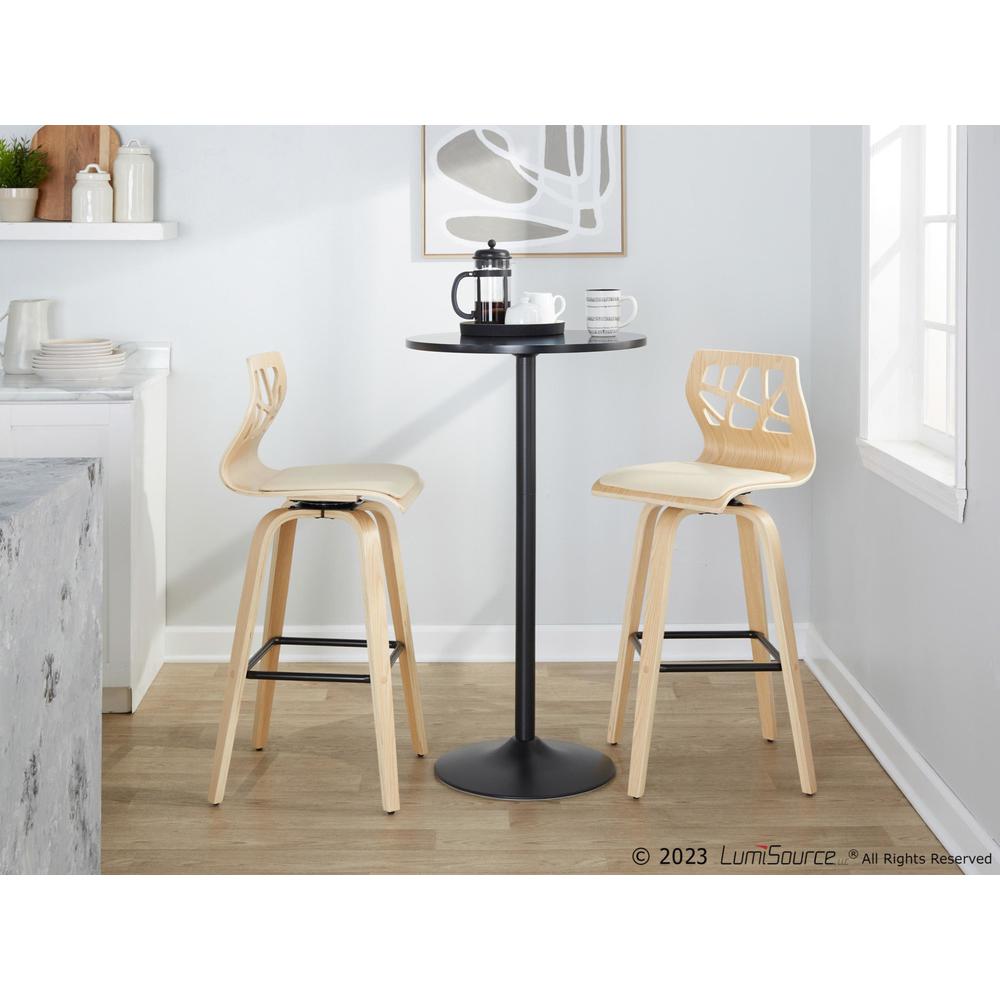 Black Metal, Natural Wood, Cream PU Folia 30" Fixed-Height Barstool - Set of 2. Picture 9