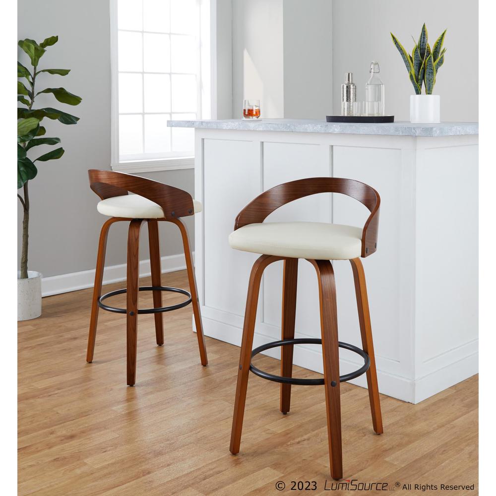 Walnut Wood, Black Metal, Cream PU Grotto 30" Fixed-Height Barstool - Set of 2. Picture 7