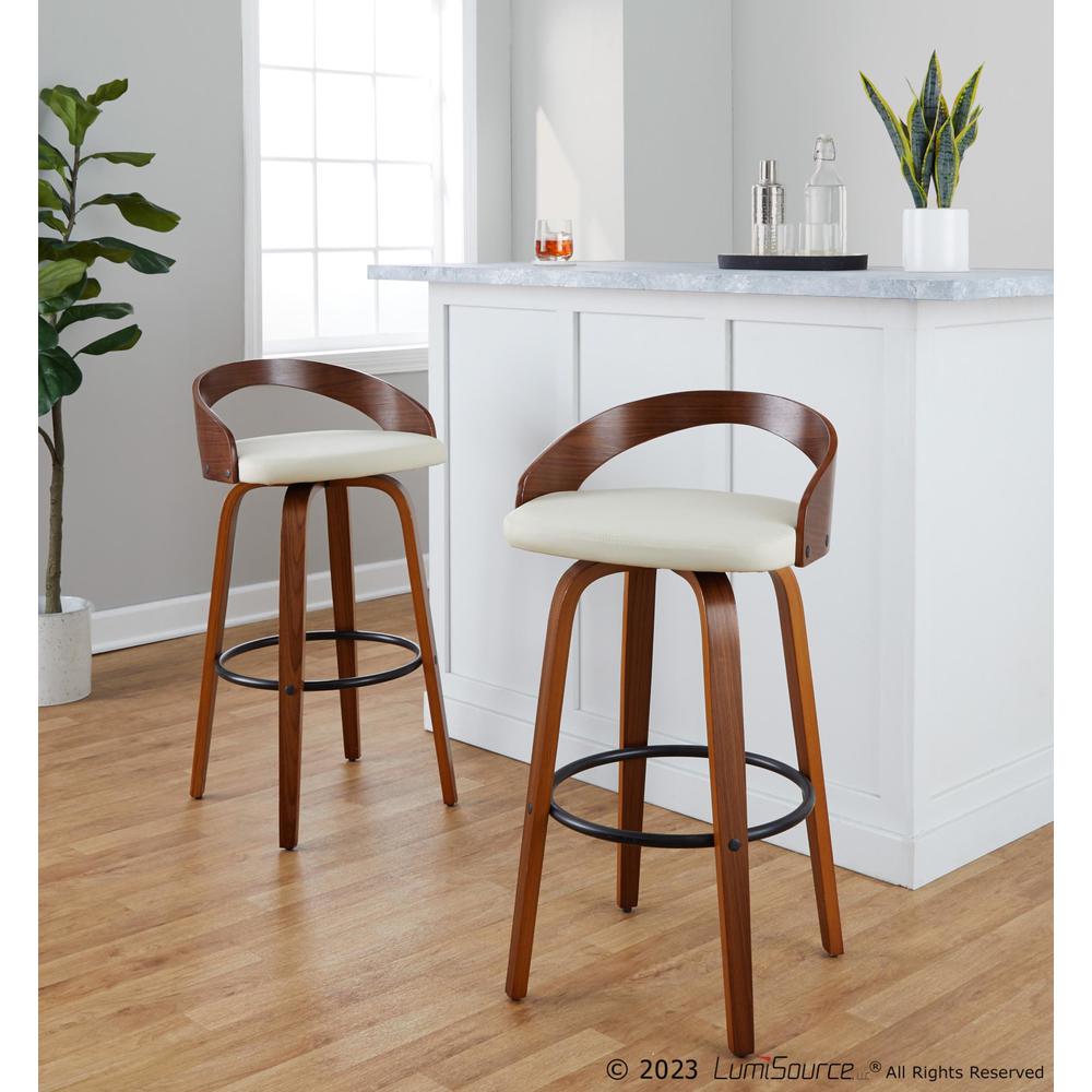 Walnut Wood, Black Metal, Cream PU Grotto 30" Fixed-Height Barstool - Set of 2. Picture 8