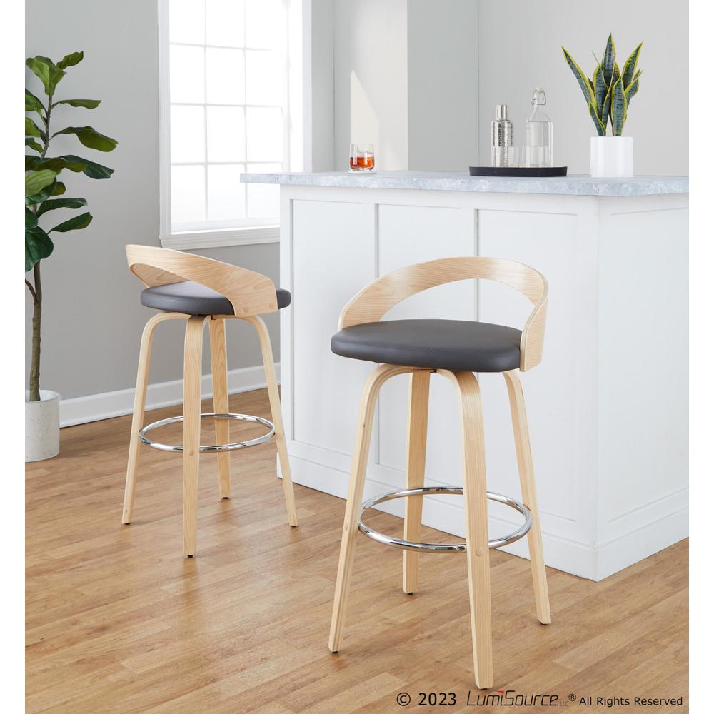 Natural Wood, Grey PU, Chrome Metal Grotto 30" Fixed-Height Barstool - Set of 2. Picture 9