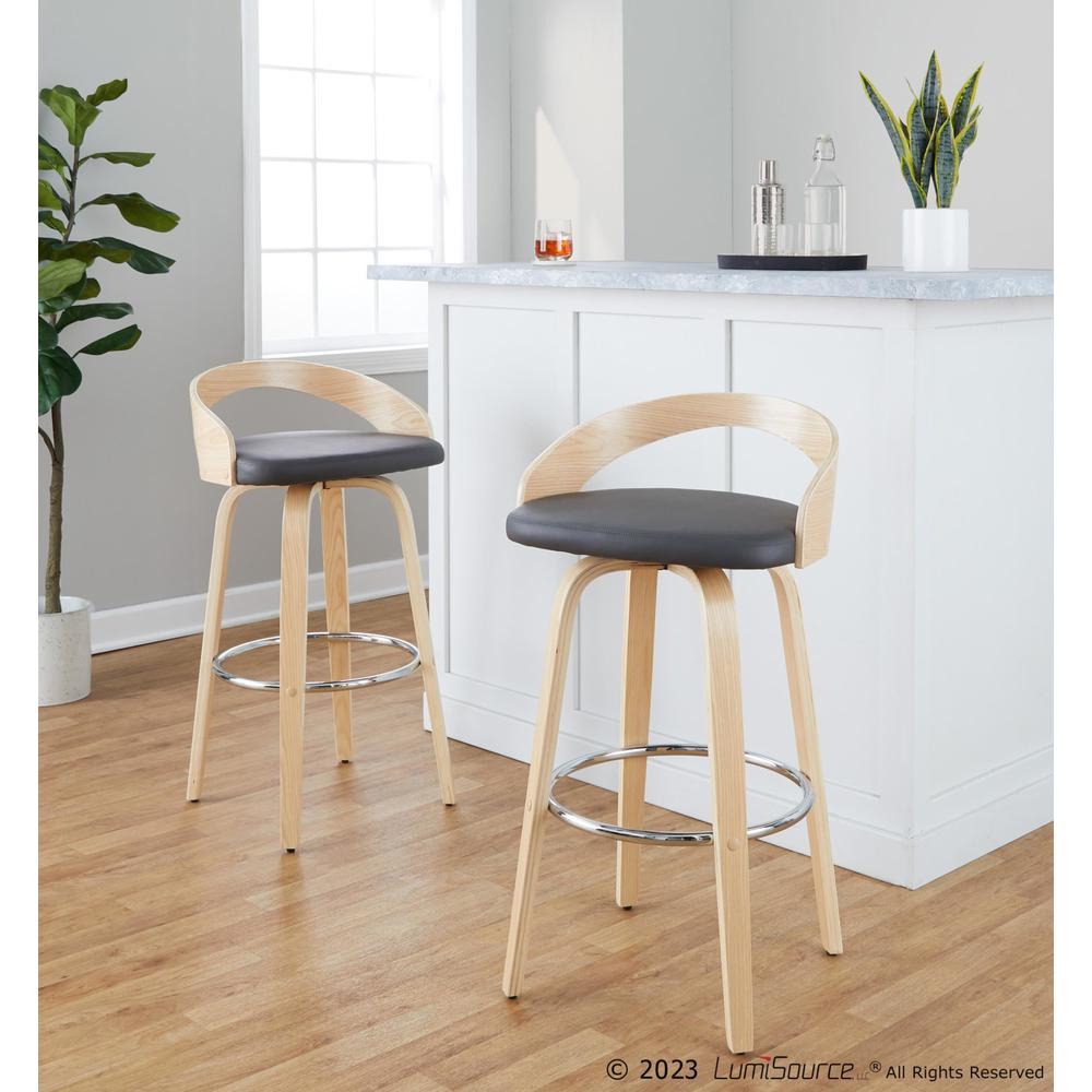 Natural Wood, Grey PU, Chrome Metal Grotto 30" Fixed-Height Barstool - Set of 2. Picture 10